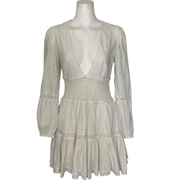 Free People The Delightful Mini Dress 8 Ivory Long Sleeve A-Line Deep V-neck - Picture 1 of 13
